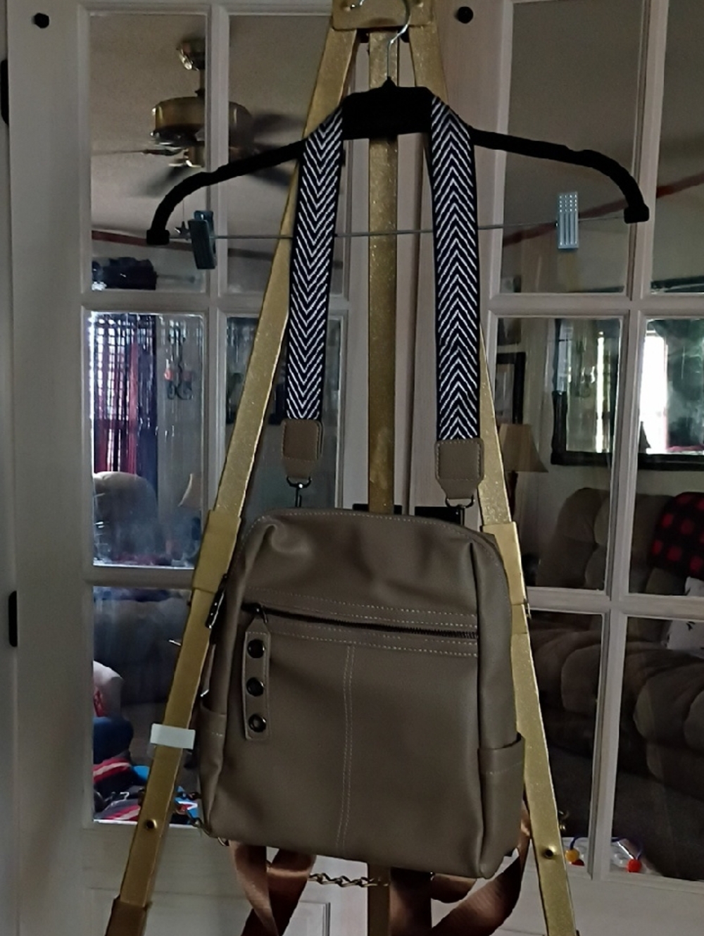 Brand New Neutral Taupe Crossbody Backpack with Chevron Strap
